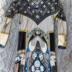 Custo Barcelona Long Sleeve Geometric Dress in Black, Blue & Cream